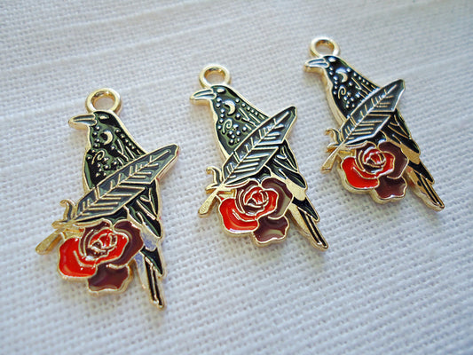 Black Raven with Red Rose, Enameled, Black Gold Red, 1" Tall, Crow, Black Bird, Feather