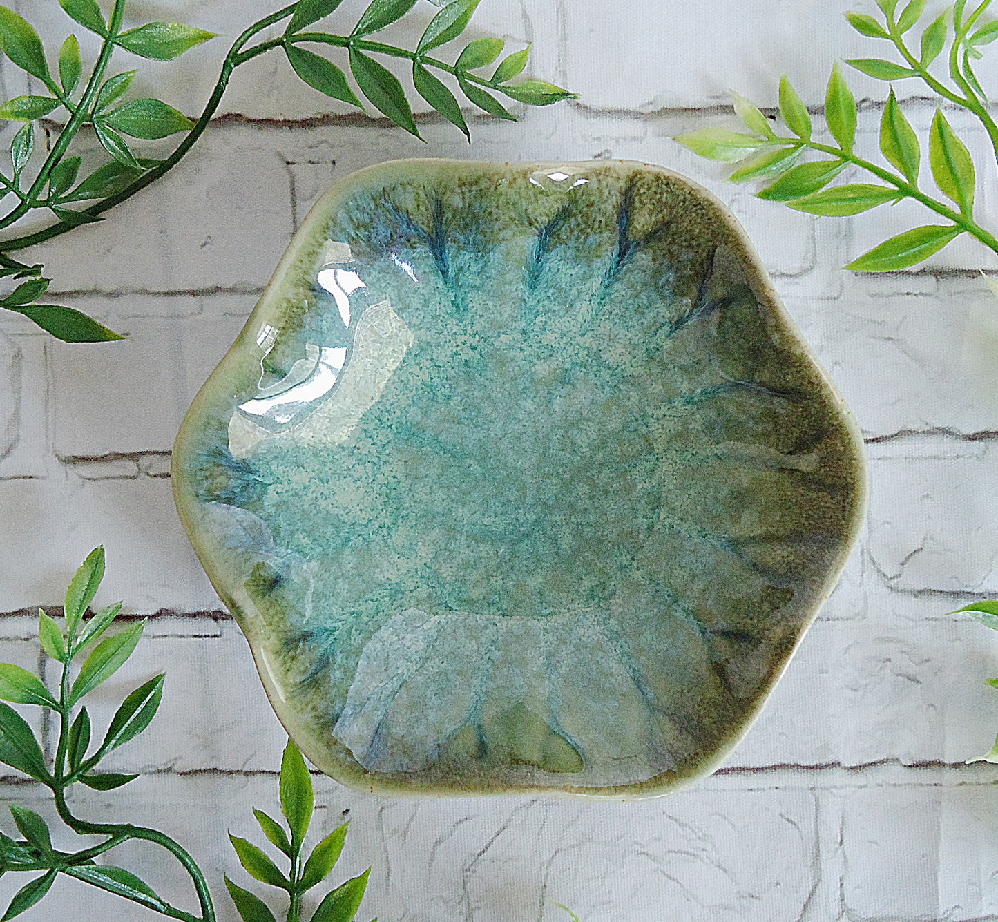 Ceramic Ring Tray, Lotus Flower, 4" Wide, Blue Pink White Green