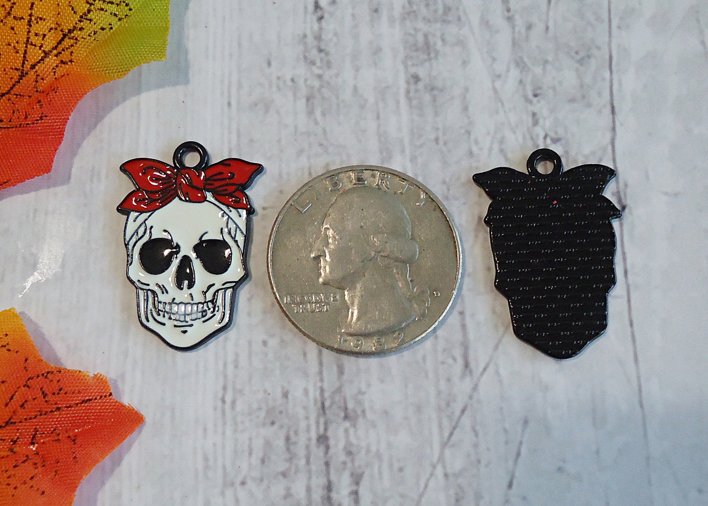 Skull with Red Bandanna, Girl Skeleton, Halloween Charm Pendant, Enameled, 1 inch Tall, Red Black White