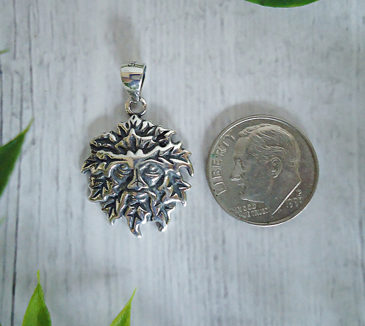 Green Man Pendant, Sterling Silver, Soldered Bail, 7/8" Tall