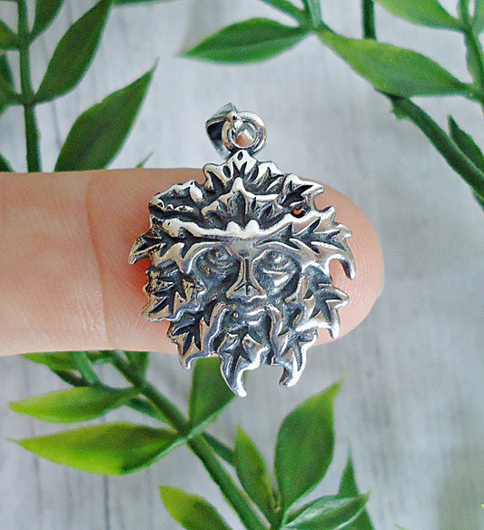 Green Man Pendant, Sterling Silver, Soldered Bail, 7/8" Tall