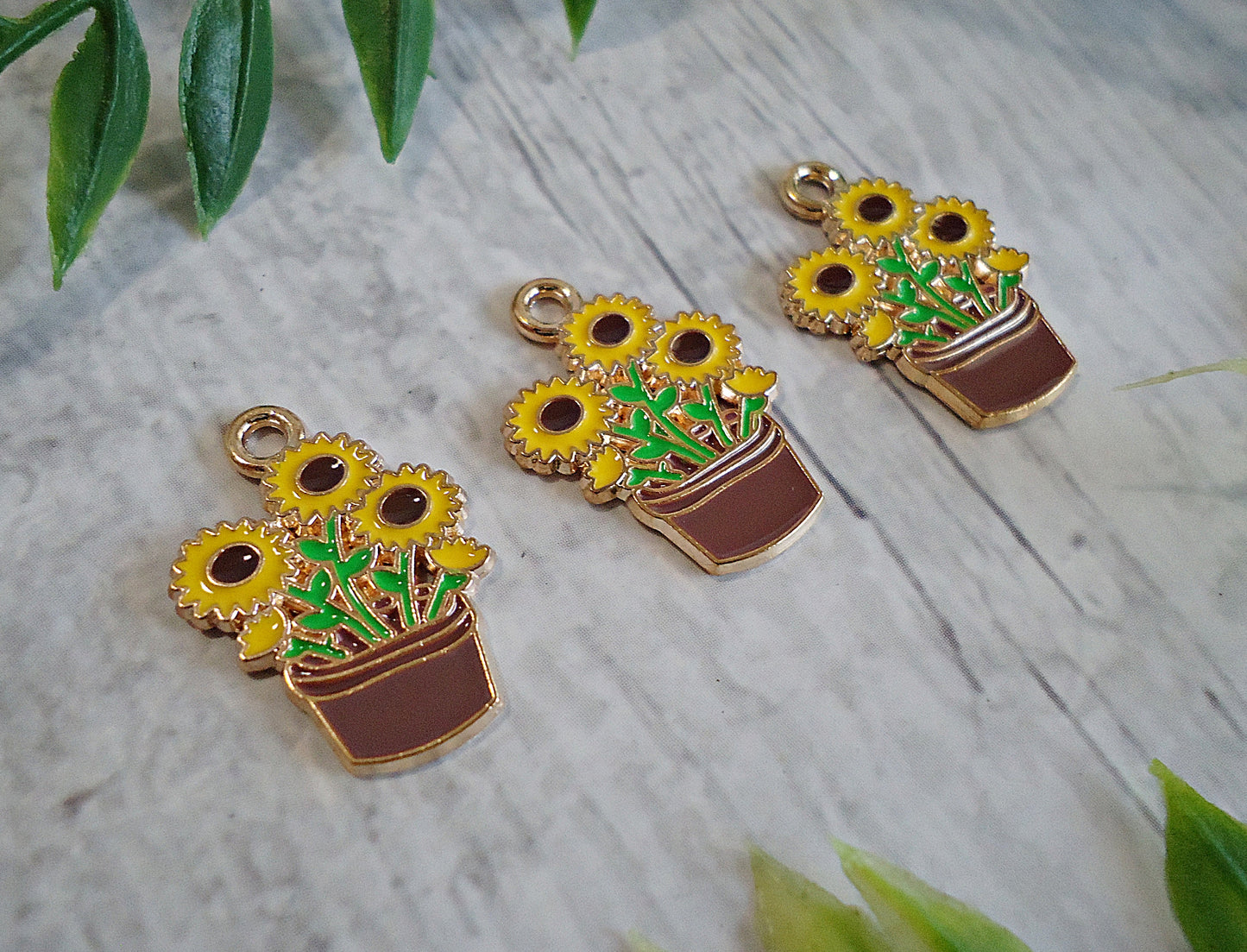 Small Potted Sunflowers Charm, Enameled, 3/4" Tall