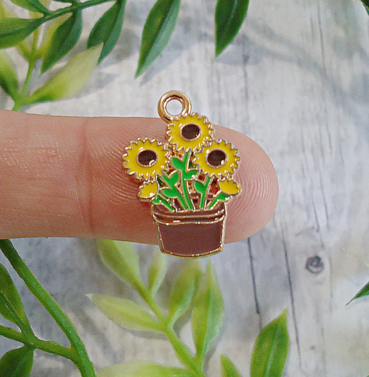 Small Potted Sunflowers Charm, Enameled, 3/4" Tall