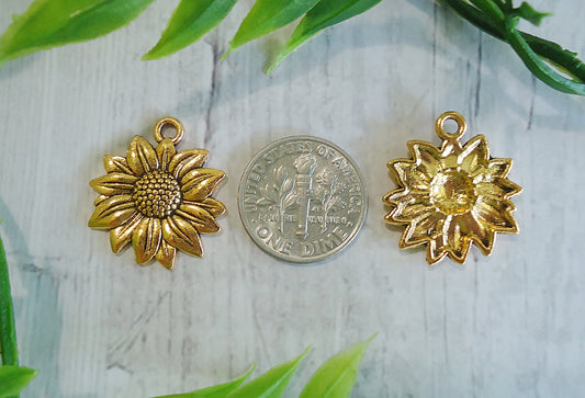 Gold Sunflower Charms, 3/4" Wide. Set of 10