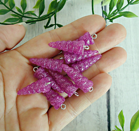 Unicorn Horn Charms / Pendants, Purple Glitter Resin, 1" Tall, Set of 10