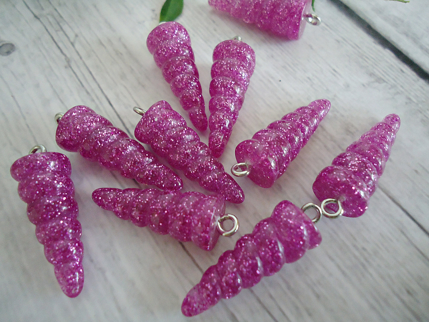 Unicorn Horn Charms / Pendants, Purple Glitter Resin, 1" Tall, Set of 10