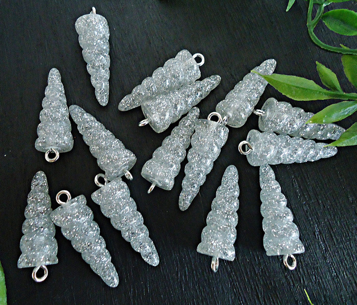 Unicorn Horn Charms / Pendants, Silver Glitter Resin, 1" Tall, Set of 10