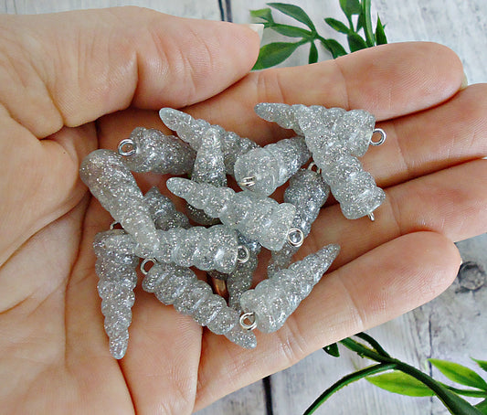 Unicorn Horn Charms / Pendants, Silver Glitter Resin, 1" Tall, Set of 10