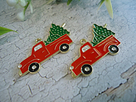 Vintage Red Truck and Christmas Tree Enameled Charm