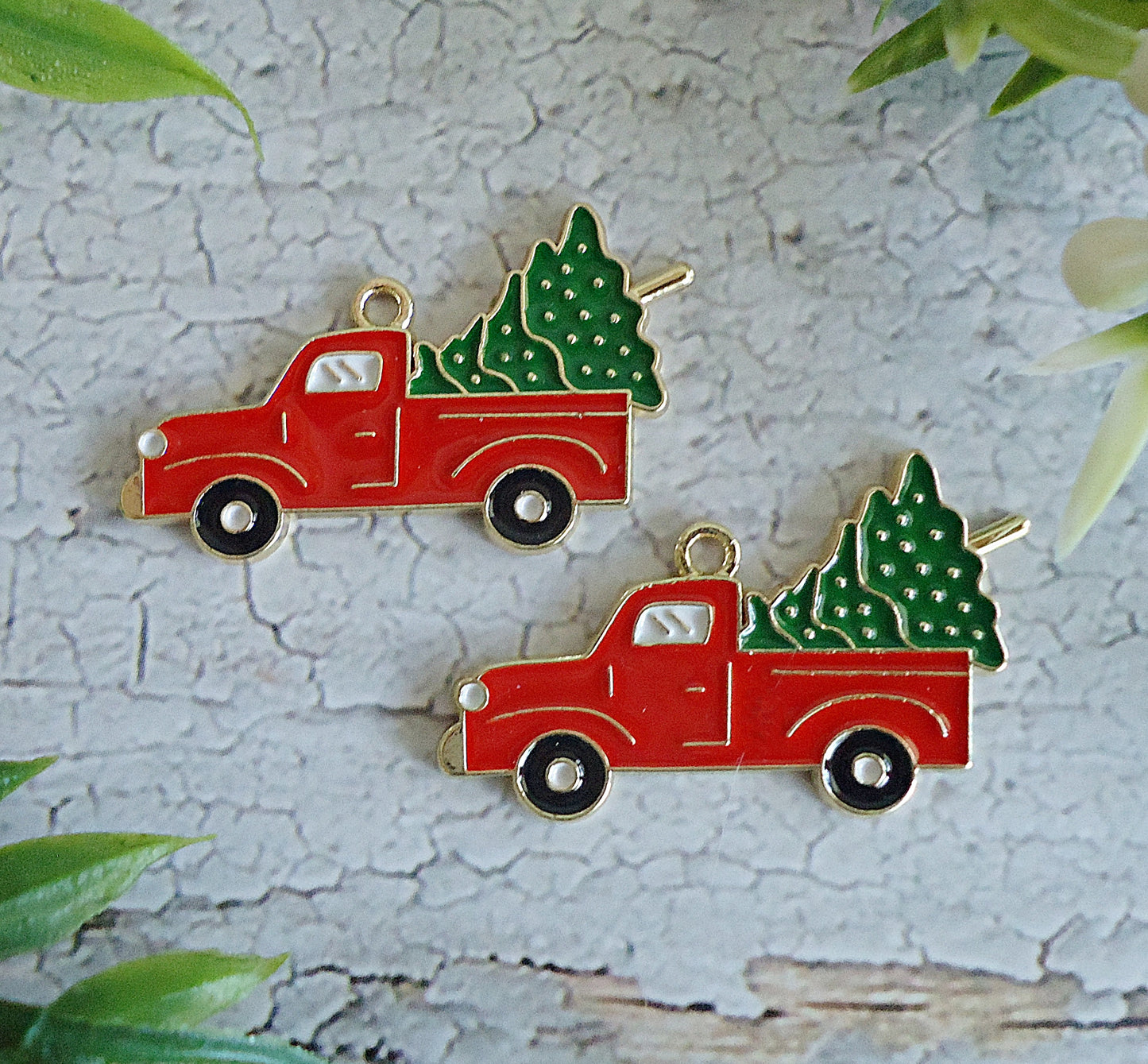 Vintage Red Truck and Christmas Tree Enameled Charm