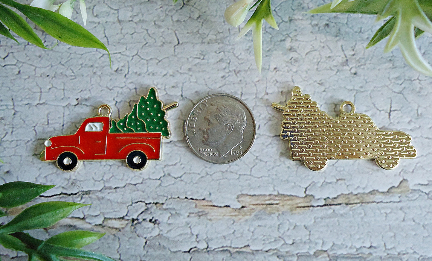 Vintage Red Truck and Christmas Tree Enameled Charm