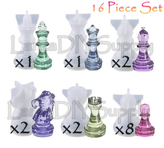 Silicone Mold Chess Pieces, 16 PIECE SET, 3D, King Queen Rook Knight Bishop Pawn, for Epoxy Resin Crafts