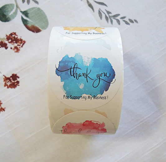 Colorful Stickers, 'Thank You For Supporting My Business', Watercolor Paint Design, 1.5 inches Wide, Packaging, Labels, Bulk quantities