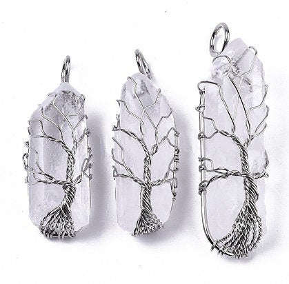 Quartz Crystal Pendant, Wire Wrapped Tree of Life, 2" - 2.75"