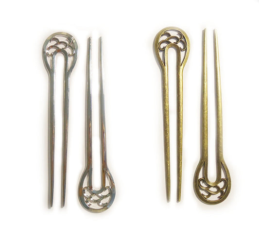 Metal Alloy Hair Sticks Filigree U-Shape Hair Pick, Hair Fork, Antique Silver or Antique Bronze, 6" Long