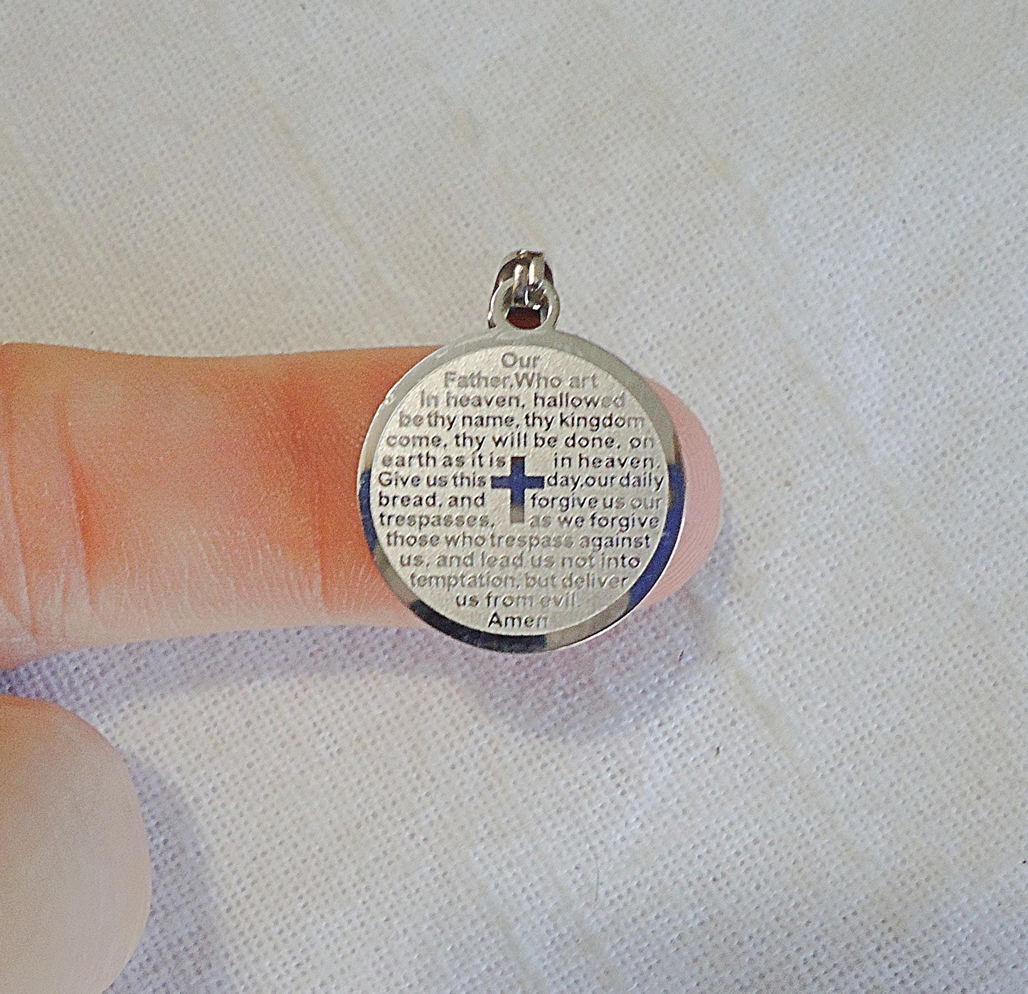 Lords Prayer Pendant, Stainless Steel, Round Silver Pendant, 3/4" Wide