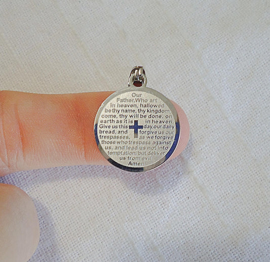 Lords Prayer Pendant, Stainless Steel, Round Silver Pendant, 3/4" Wide