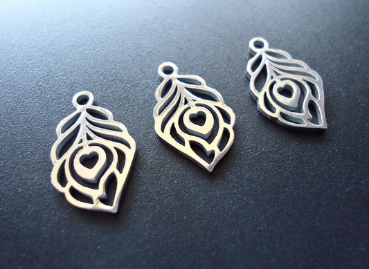 Small Stainless Steel Peacock Feather Charms - 18mm x 11mm