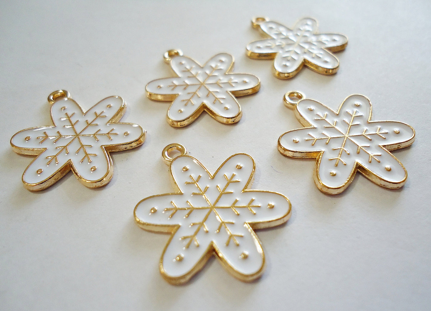 Gold & White Enameled Snowflake Pendants / Charms, Set of 10, 3/4" Wide, Winter, Christmas