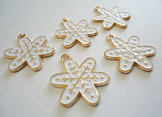 Gold & White Enameled Snowflake Pendants / Charms, Set of 10, 3/4" Wide, Winter, Christmas