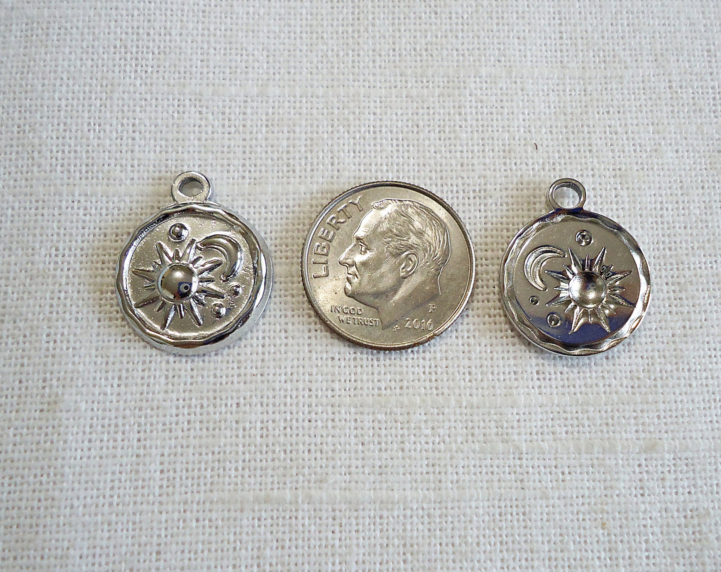 Sun and Moon Pendant Charm, Stainless Steel, 5/8" Wide