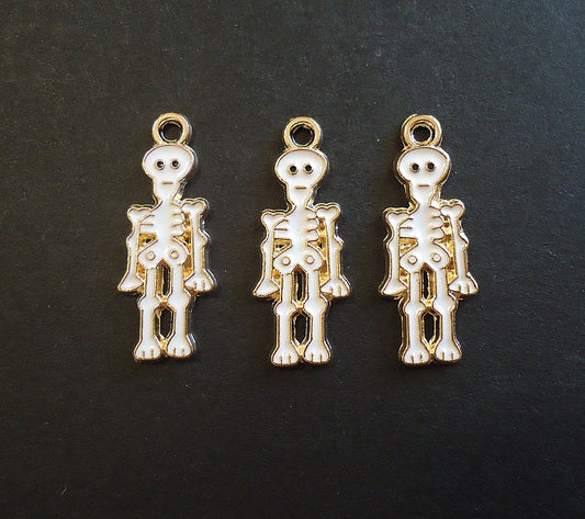 Skeleton Charms, Gold and Enameled White, One inch Tall, Set of 10