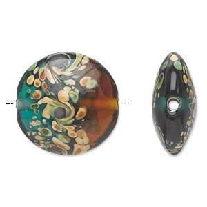 Lampworked Glass Beads - Transparent Blue, Green, and Brown with Purple Swirls - 22mm, Set of 2