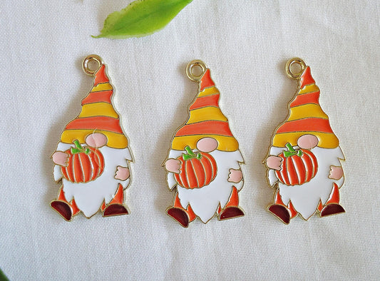 Autumn Gnome Charms, Thanksgiving & Halloween Gnomes, Pumpkin Gnome Pendants, Fall Gnome Charms, Yellow Orange Red Green, 1 1/8" Tall