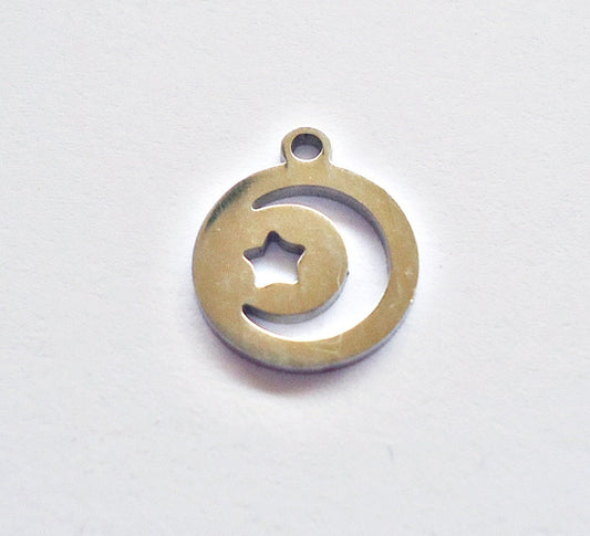 Small Stainless Steel Moon and Star Round Charms - 14mm x 12mm - Sets of 10