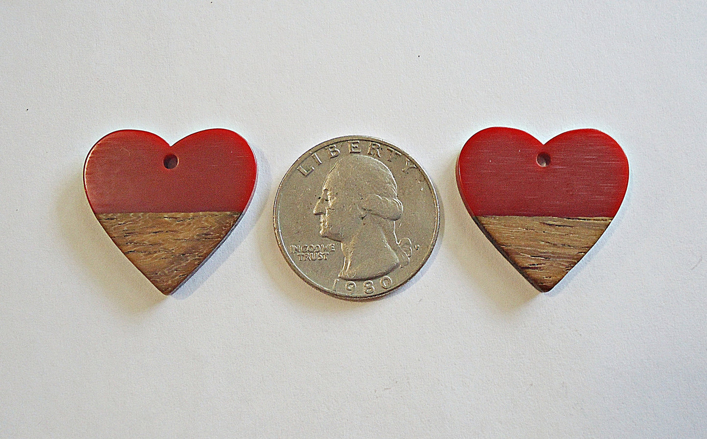 Heart Pendants, Resin and Wood, Deep Red and Walnut, 1" Wide