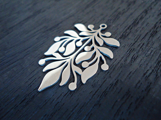 Stainless Steel Large Leaf Pendant Focal, 1 3/8" Long, Silver, Laser-cut