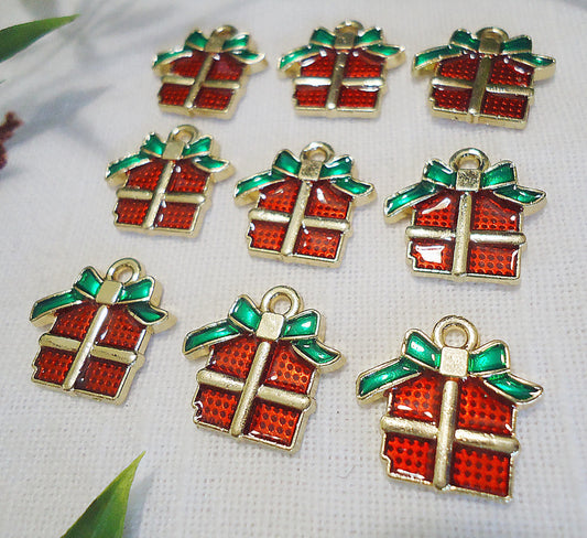 10 Christmas Gift Charms, Red Green Gold Christmas Present, Enameled, 1/2" Tall