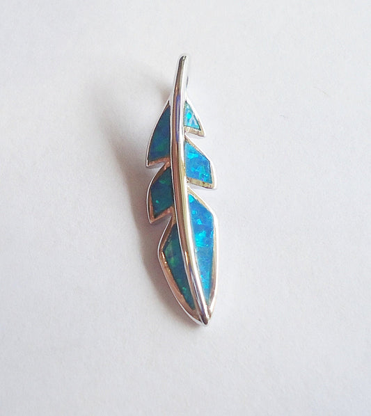 Sterling Silver Feather with Blue Opal, Pendant, 1" Long, Integrated Bail