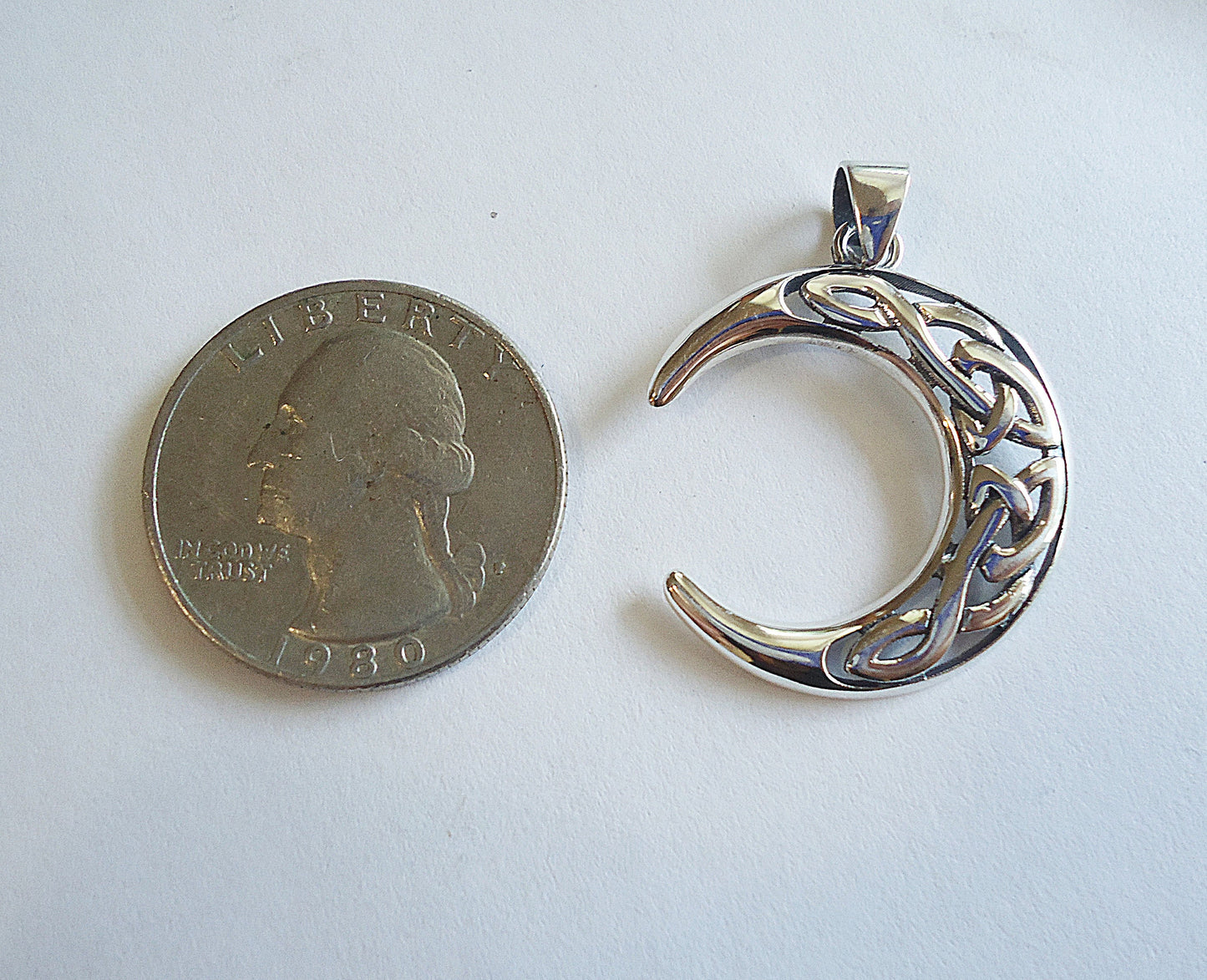 Celtic Crescent Moon Pendant, Sterling Silver,  1 inch Round with Soldered Bail