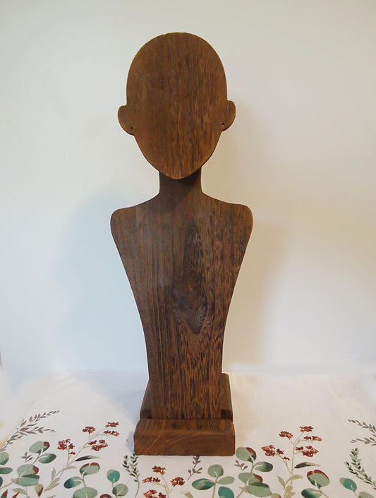 Wood Mannequin Bust, Necklace and Earring Display, Brown Wood, Portable