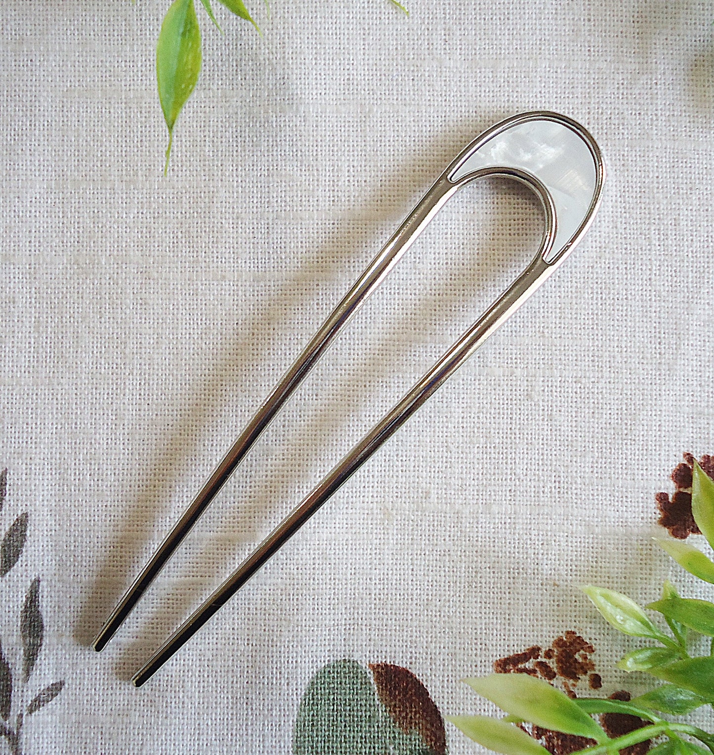 Mother of Pearl Double Hair Stick, Hair Fork, Silver or Gold Plated Metal Alloy, 4.25" Long