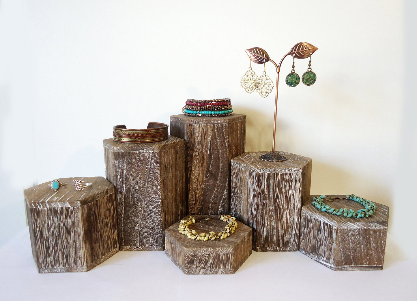 Wooden Hexagon Risers, Weathered Brown, 3.5" Across, 1" - 6" Heights