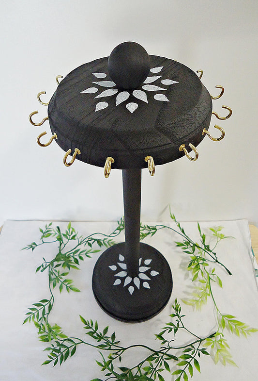 Rotating Necklace Storage, Display, Black, Wooden, 16 Hooks, 14.5" Tall, White Flower Stencil