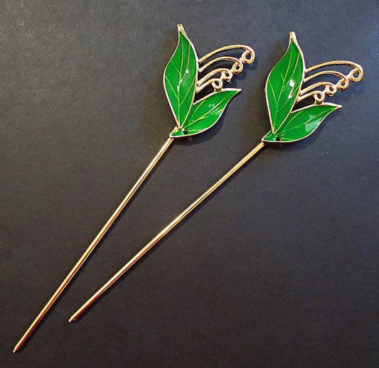 Hair Stick, Shawl Pin, Gold Plated and Green Enameled Leaves, 6.5" Long, Hair Pin Blank