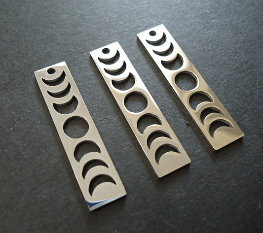 Stainless Steel Moon Phases Bar Pendant / Charm, 35mm Tall, Set of 2