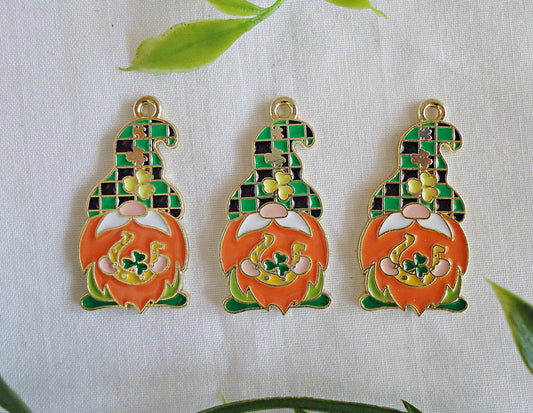 Irish Gnome Charms, St Patricks Day Gnome Pendants, Green Shamrock Four Leaf Clover Gnomes, 1 1/8" Tall