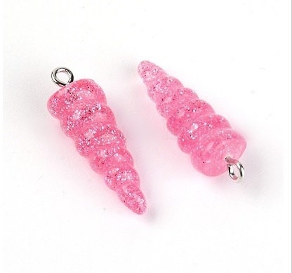 Unicorn Horn Charms / Pendants, Pink Glitter Resin, 1" Tall, Set of 10
