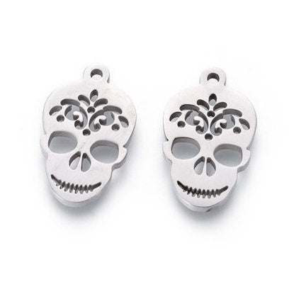 Small Stainless Steel Sugar Skull Charms - 16mm x 10mm - Set of 10 - Day of the Dead - Dia de Los Muertos