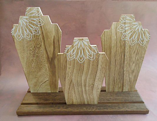 Set of 3 Wooden Necklace Displays with Base Board - 17" Wide, 12" Tall, 11" Tall, 9" Tall, Stenciled White Flower Mandala, Brown or Natural