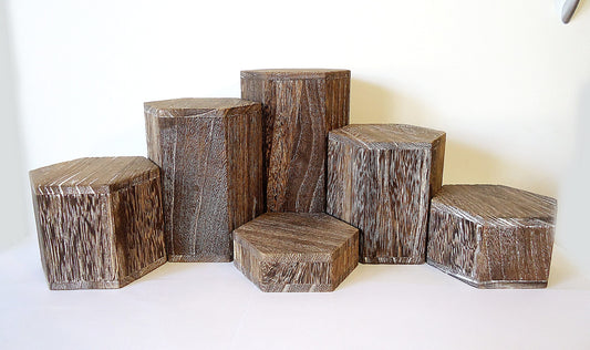 Wooden Hexagon Risers, Weathered Brown, 3.5" Across, 1" - 6" Heights