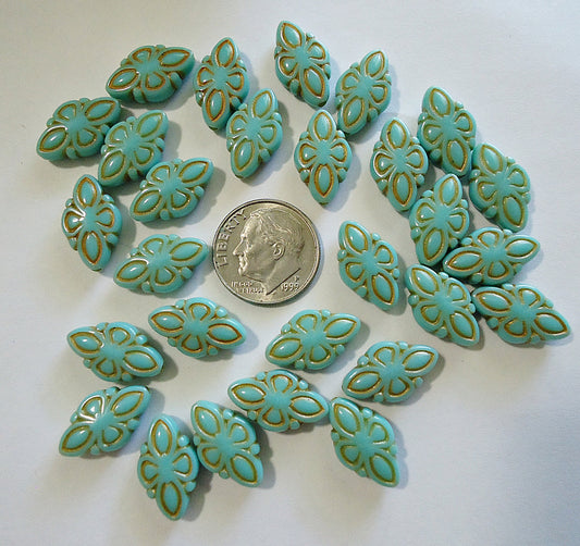 25 Small Acrylic Diamond Shaped Turquoise Beads with Gold Enlaced Details, 16mm x 10mm, Turquoise, Gold, Set of 25