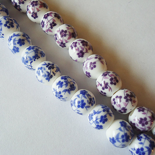 Porcelain Beads - 8mm Round - White Beads with Blue, Purple, Black, or Red Flowers, Set of 10