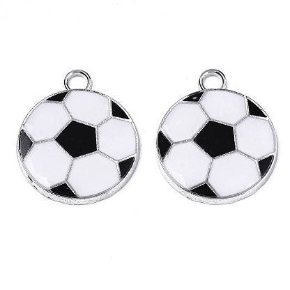Soccer Ball Pendant Charms, Enameled, Black and White, Silver, 24mm Tall x 20mm Wide, Set of 10