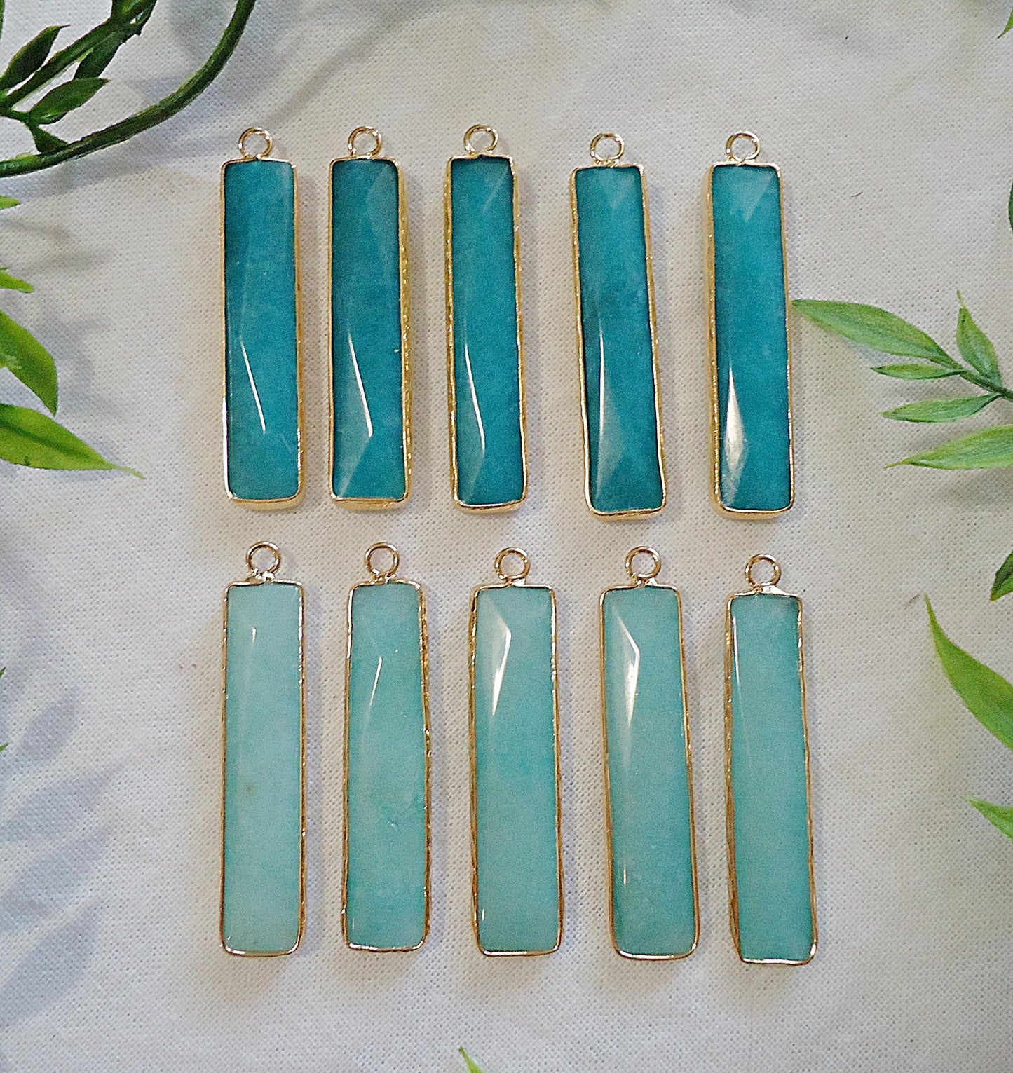 Amazonite Pendants, Bar Rectangles with Golden Brass Bezels, 1-5/8" Long