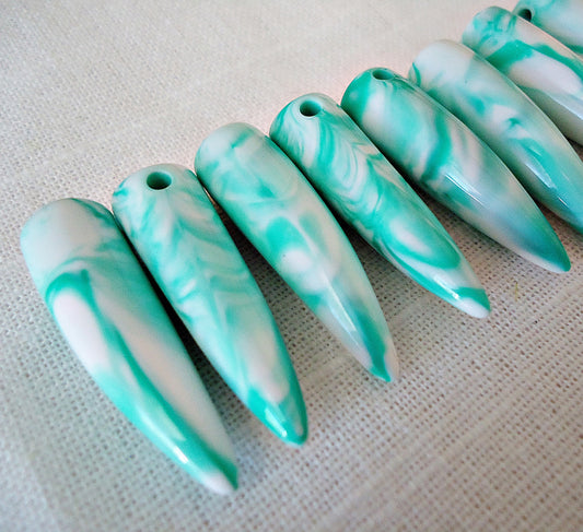20 Marbled Tusk Beads, Acrylic, White and Turquoise, Side drilled, 1.25" Long x 10mm Wide